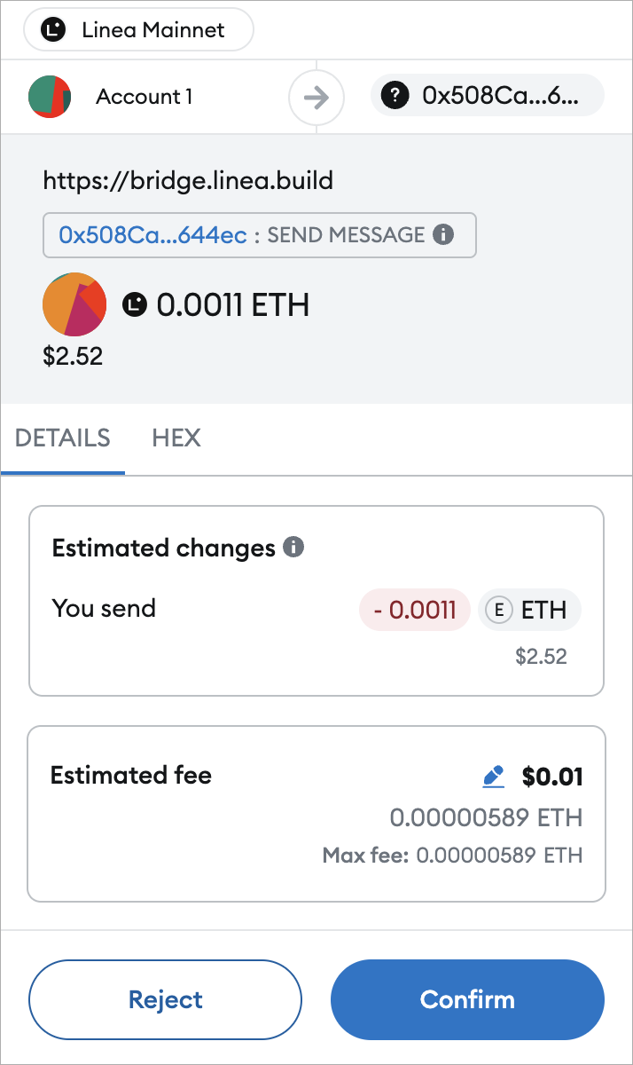 Confirm Linea bridge transaction in MetaMask